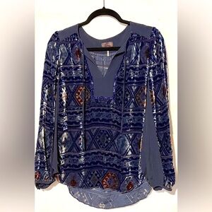 Hale Bob Velvet Burnout Top Small Navy Blue‎ Boho Aztec Print Long Sleeve EUC
